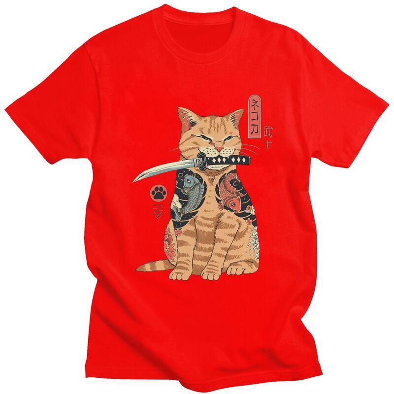 Custom Fashion Funny Japanese Samurai Cat T Shirt Men Tshirt Streetwear Tee Tops Pure Cotton Oversized Tshirts Merch