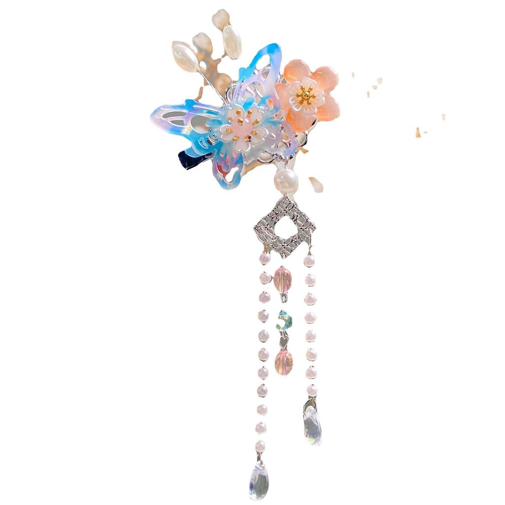 Han Chen Jewelry: Girls' Hanfu Headwear - Butterfly Flower Tassel Clips for Ancient Costume