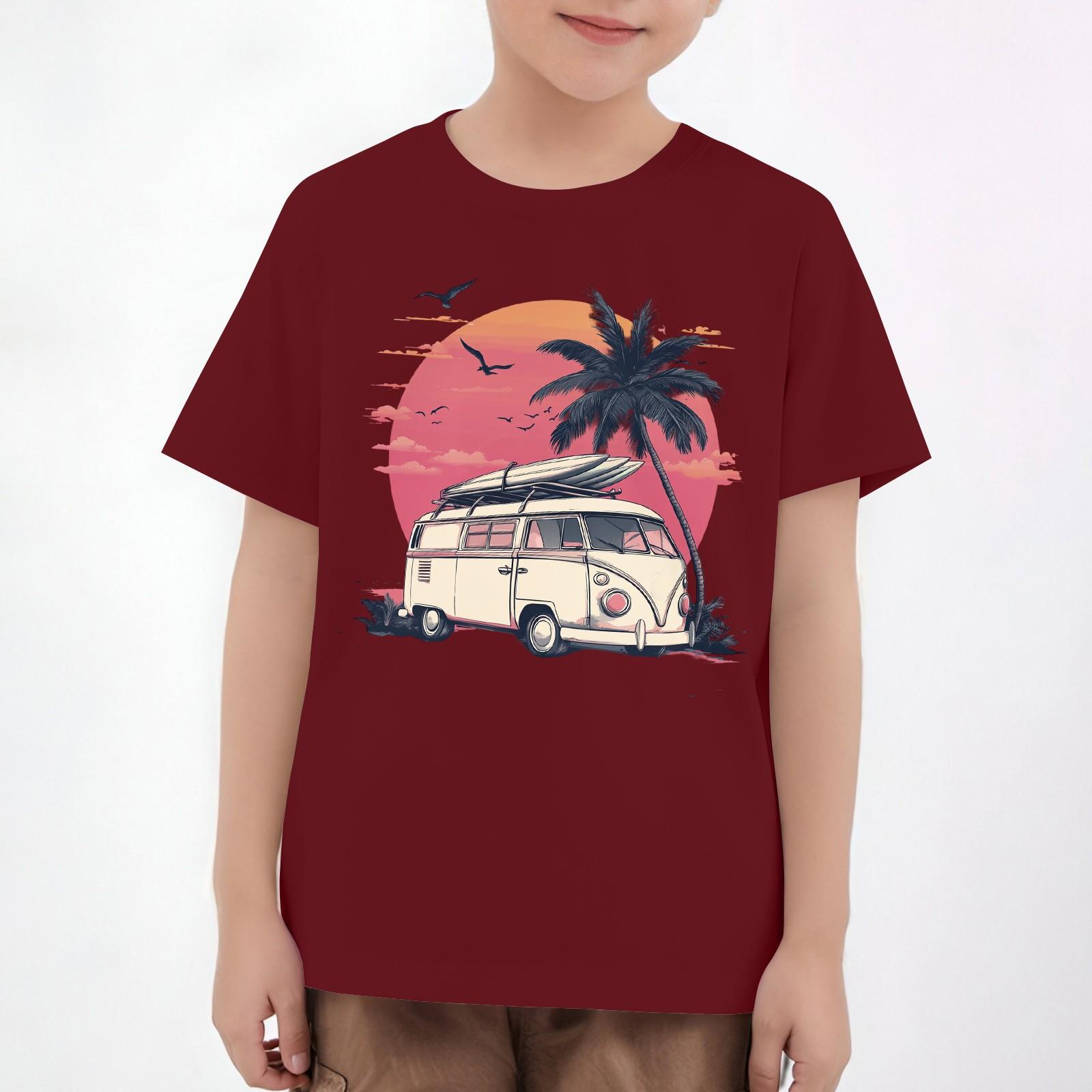 

Детские топы с коротким рукавом, повседневная футболка с принтом, круглый вырез, блузка-пуловер 120 винный