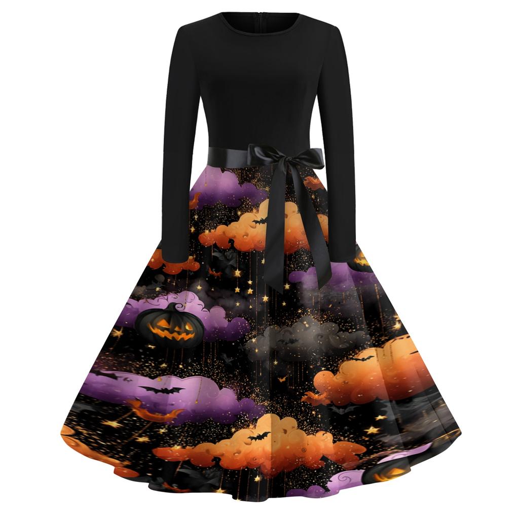 Women's Casual Vintage Halloween Print Dress Long Sleeve Round Neck Retro Style Fit and Flare Midi Dress with Waist Tie