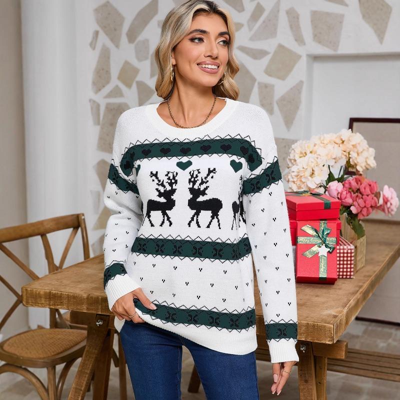 Autumn and winter knitted sweater christmas elk jacquard pullover crew neck top sweater women