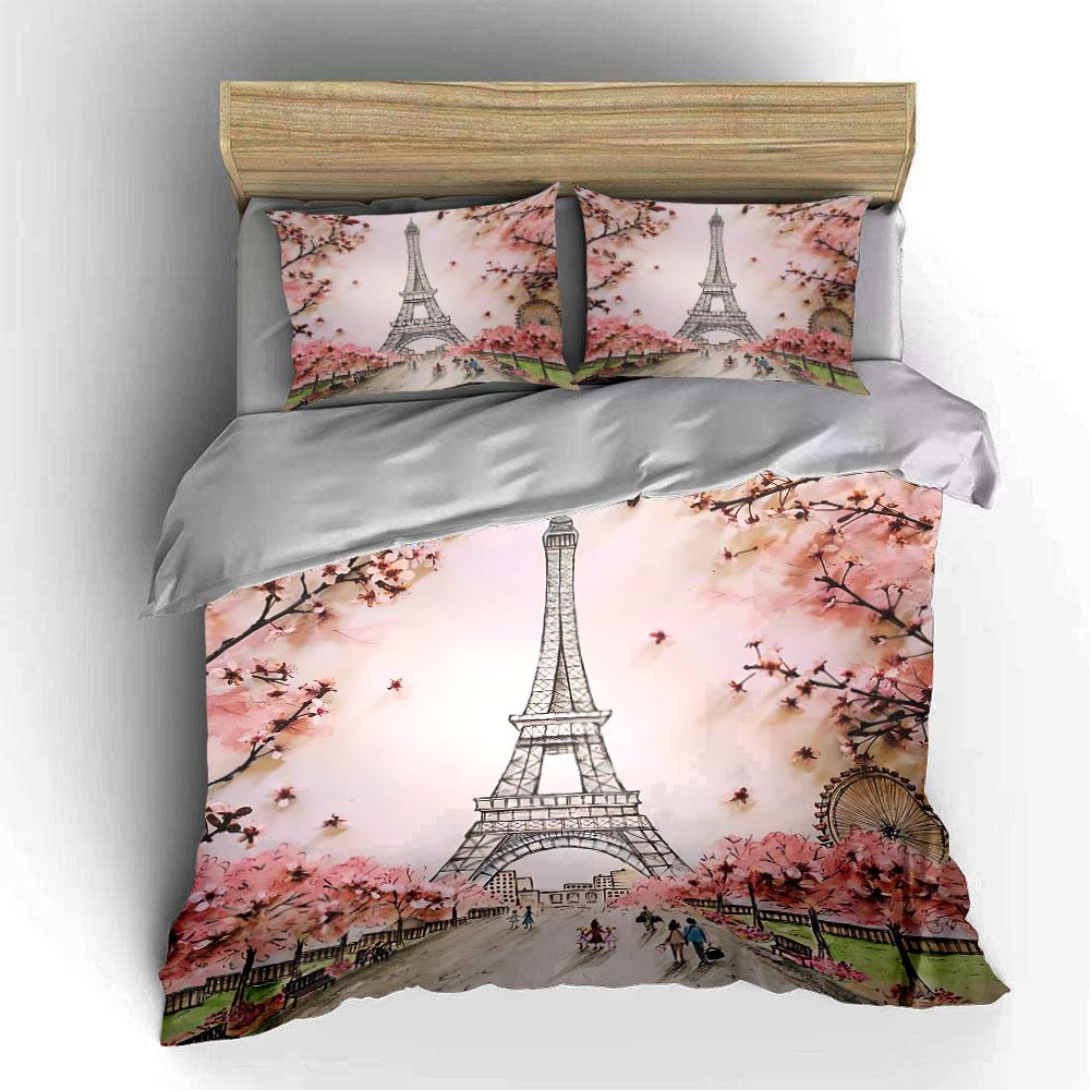 Eiffel Tower with Cherry Blossoms Bedding Duvet Cover Set Duvet Cover Pillowcases (1*Duvet Cover 2*Pillowcases, without duvet insert)