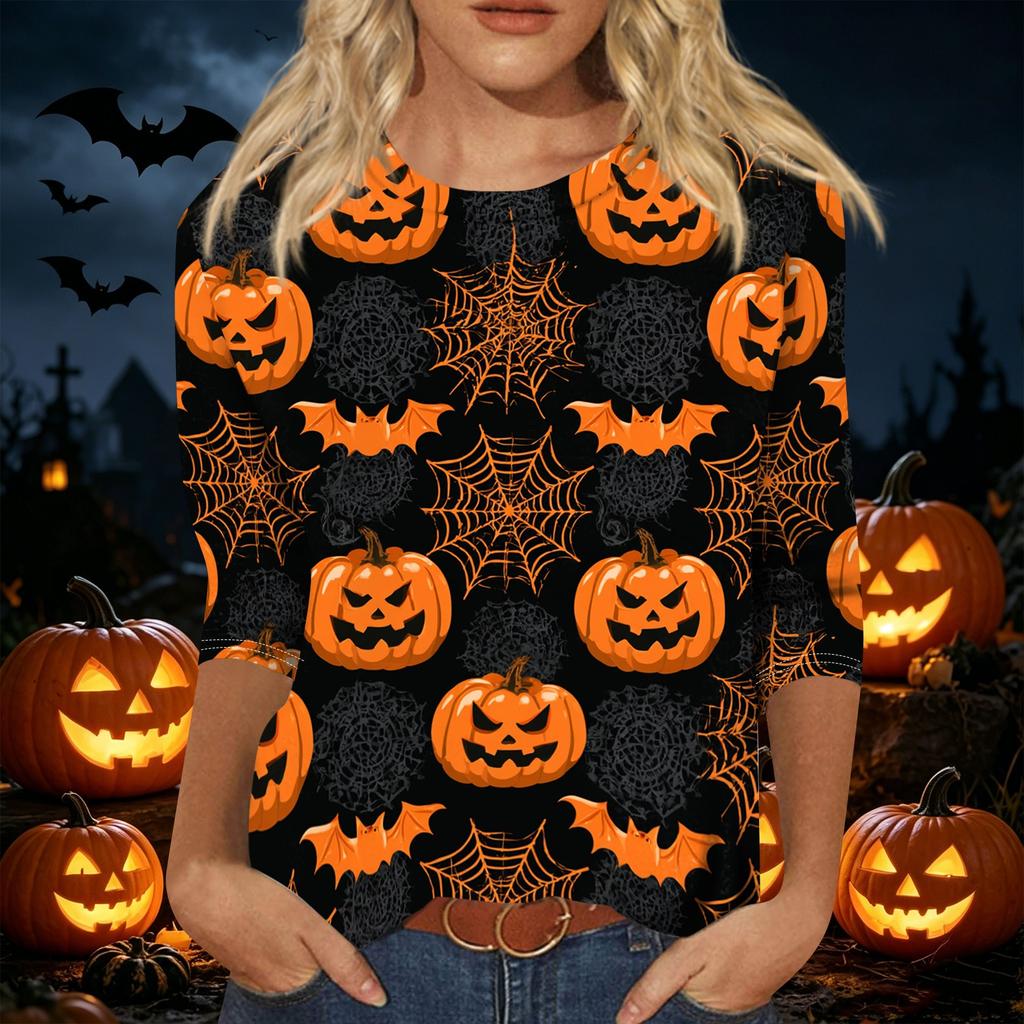 Women Casual Three Quarter Sleeve Halloween Print Round Neck Top Lightweight Comfortable Fit Seasonal Shirt for Everyday Wear