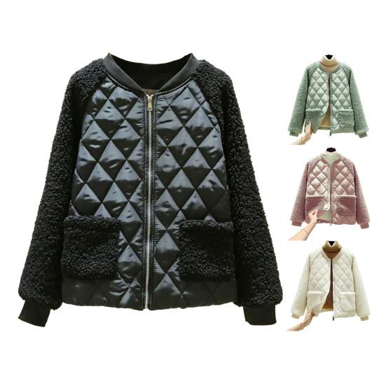 Frauen Herbst Winter Einfarbig Kurze Baumwolle Mantel Langarm Plüsch Spleißen Jacke Taschen Zipper Knopfleiste Baumwolle Gepolsterte Outwear