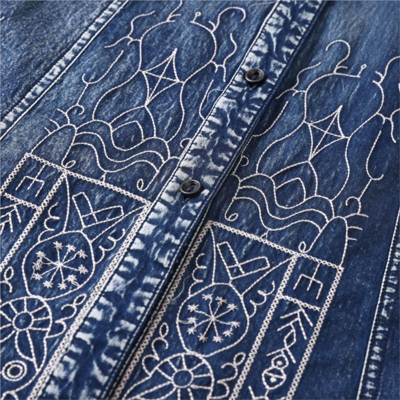 Johnature Woman Spring Niche Vintage Cowboy Chinese Style Dress Embroidery Single Breasted Fashion Short Sleeves Dress
