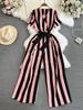 Fashion Celebrity Short Sleeve V-Neck Striped Dress Pants Casual High Waist Skinny Straight Wide Pants Jumpsuit