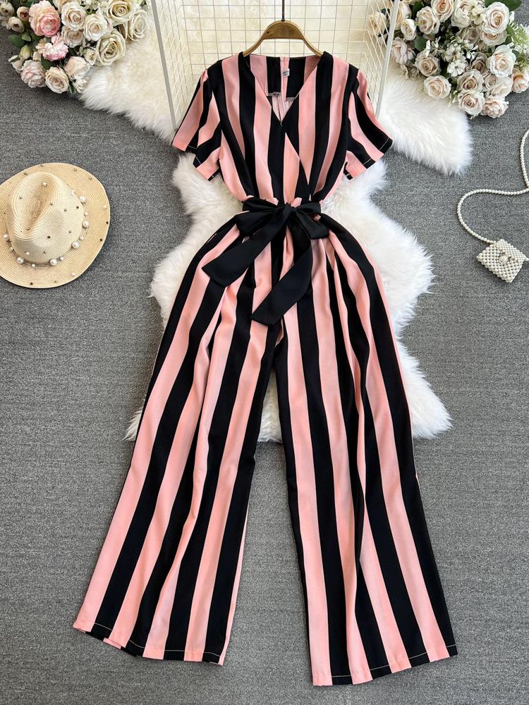 Fashion Celebrity Short Sleeve V-Neck Striped Dress Pants Casual High Waist Skinny Straight Wide Pants Jumpsuit
