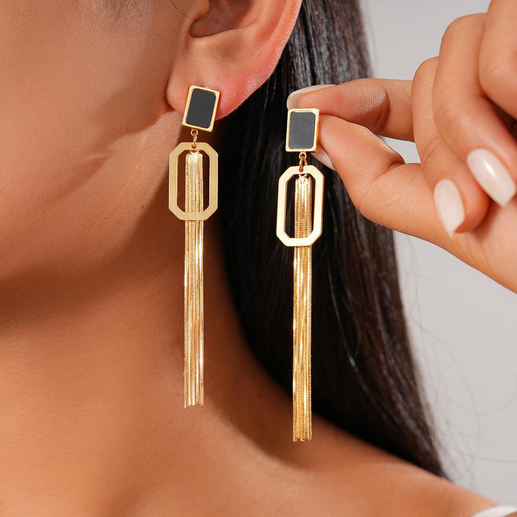 18K real gold electroplated rectangular tassel silver needle earrings ins earrings.