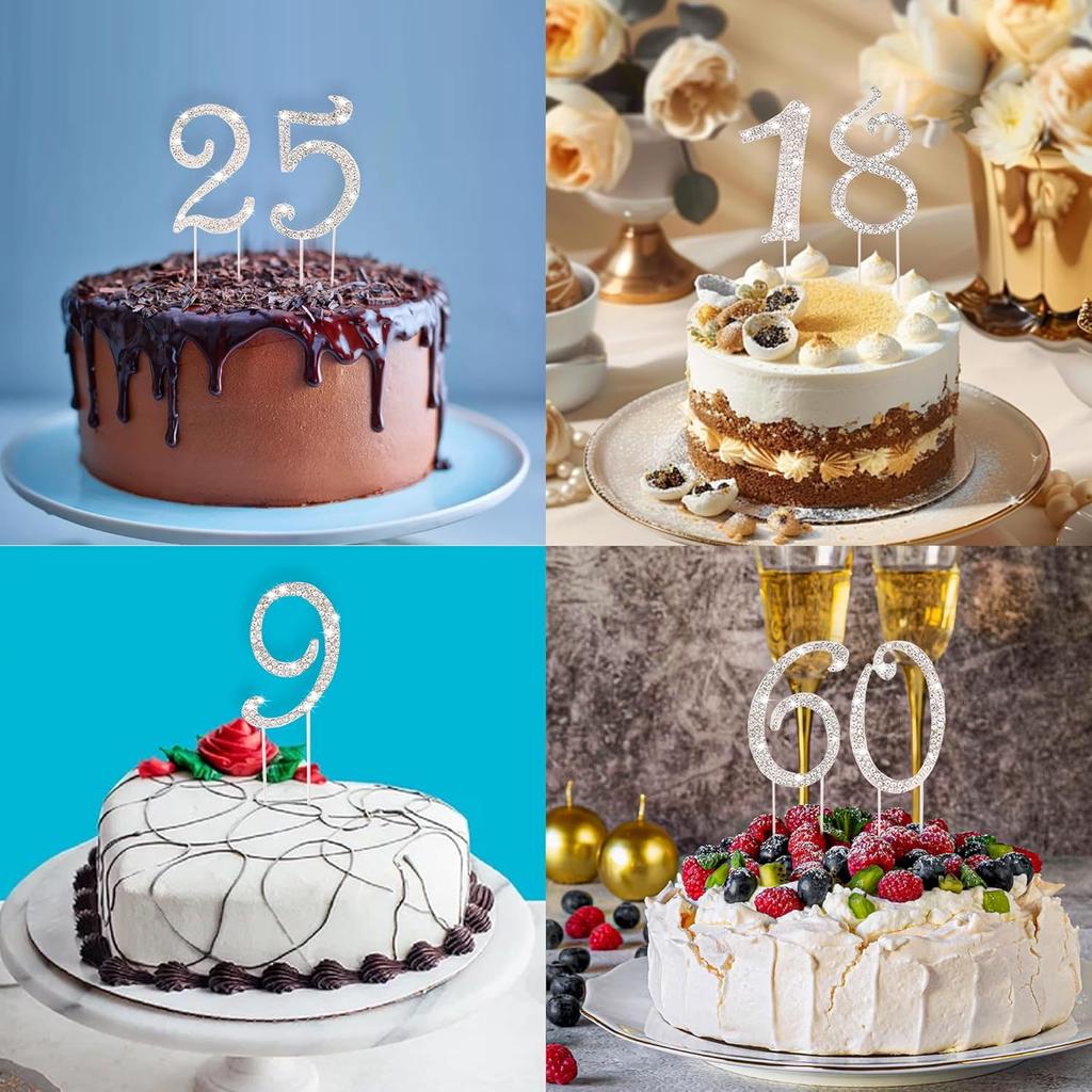 BEIDHIA Number Cake Topper 0-9,Silver Bling Rhinestone Happy Birthday Cake Topper for 10th 20th 30th 40th 50th 60th 70th 80th 90th Birthday Party