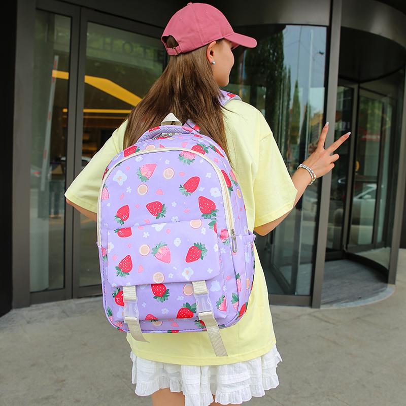 Strawberry Print Backpack Set Student Three-Piece Schoolbag Women's Large Capacity Water-Repellent Graffiti Backpack