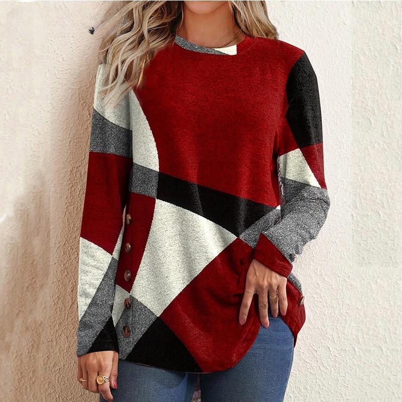 Spring Fashion Contrast Color Printing T-shirt Tops O-neck Long Sleeve Loose Casual Pullover Tee Oversized Women Clothing