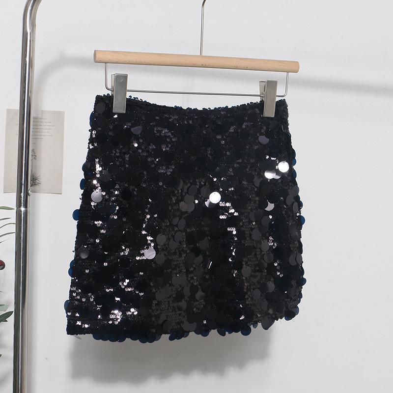 

European & American Heavy Industry Sparkling Bling High-Waisted A-Line Mini Skirt - Nightclub Style Small чёрный