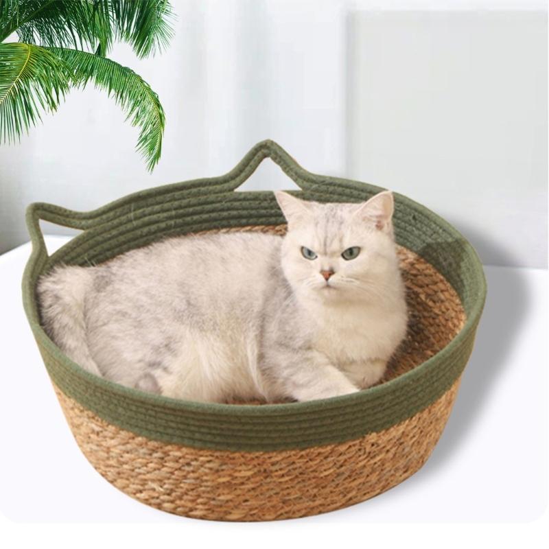 Natural Straw Cats House Resting Basket for Small Dog Cats Scratchproof Bulrush Bed Cats Furniture Pet Nest All Season