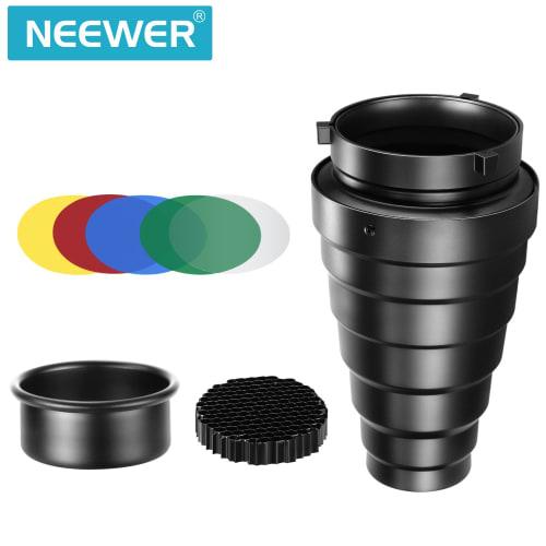 NEEWER Conical Snoot Kit Medium Size Aluminum Alloy with Honeycomb Grid and 5 Color Gel Filter Compatible with Bowens Mount Studio Strobe Monolight, P