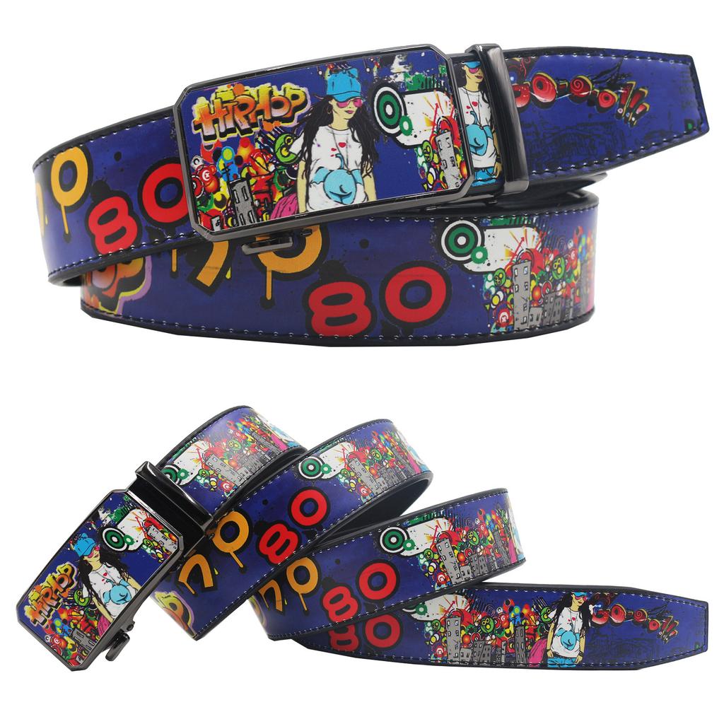 New Casual Automatic Buckle Printed Graffiti Casual Versatile Personalized Belt Belt European and American Versatile