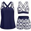 Costume da Bagno Intero a Tre Pezzi da Donna con Tasche Design Incrociato Bellissimo Dorso Bikini Boxer Costume da Bagno Sportivo