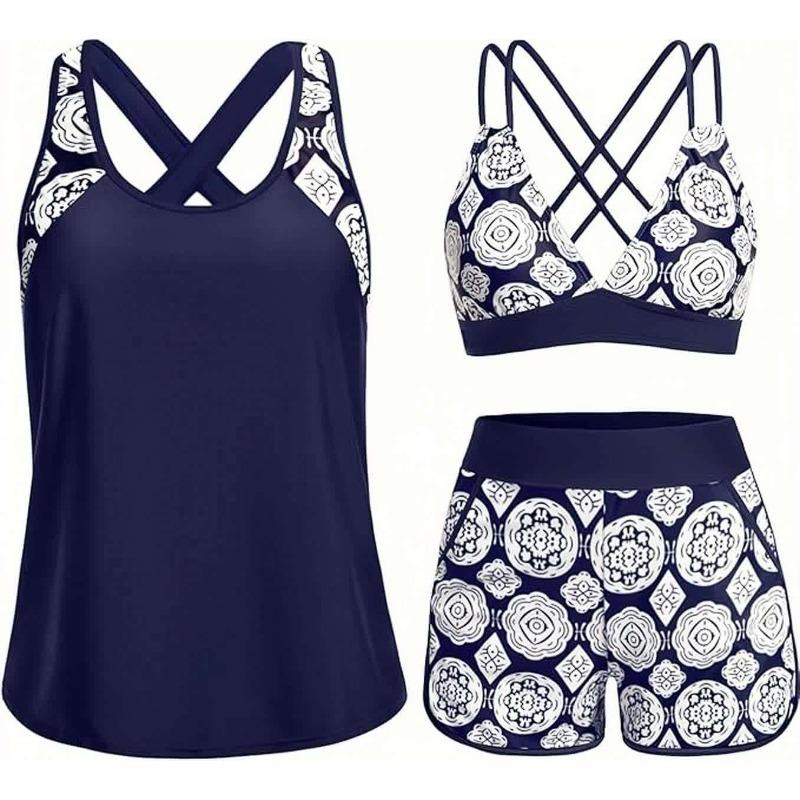 Costume da Bagno Intero a Tre Pezzi da Donna con Tasche Design Incrociato Bellissimo Dorso Bikini Boxer Costume da Bagno Sportivo