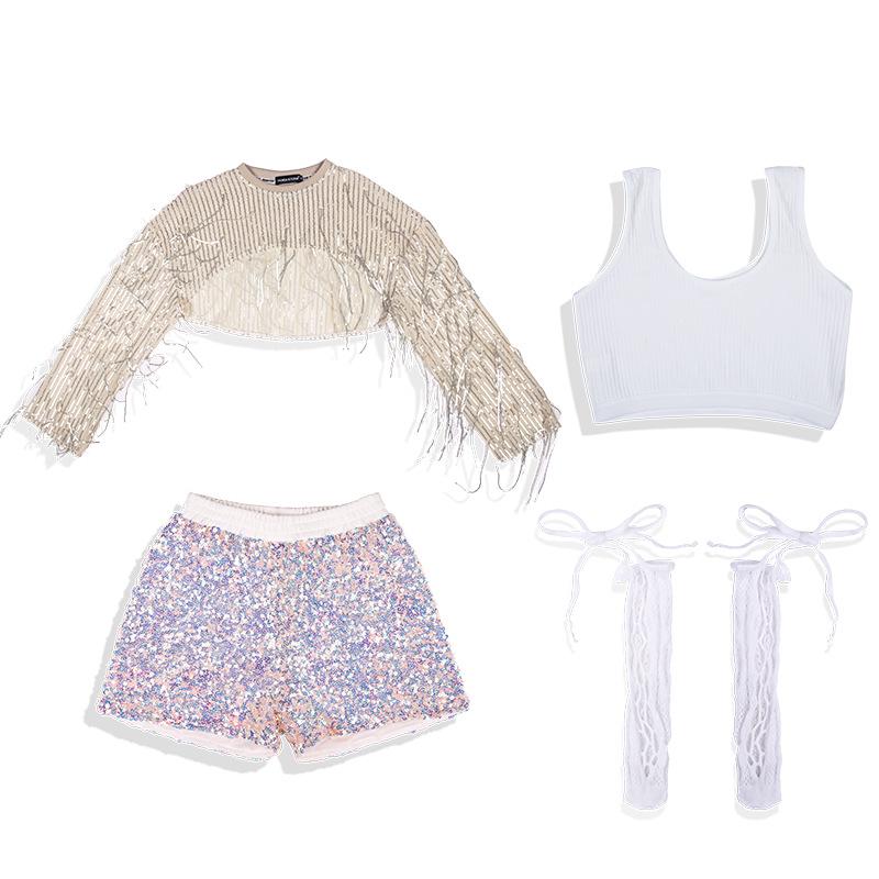 Girls' Sequin Tassel Jazz Dance Outfit - Mesh Long Sleeve & Pants Set for Street & Performance