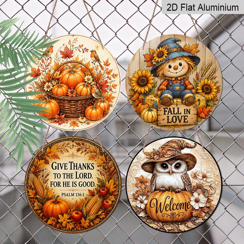 2D Flat 1pc/4pcs Decorative Plaques & Signs Fall Harvest Hanging Wall Decor Set, Round Aluminum Pumpkin, Scarecrow, Thanksgiving Bible Verse & Owl