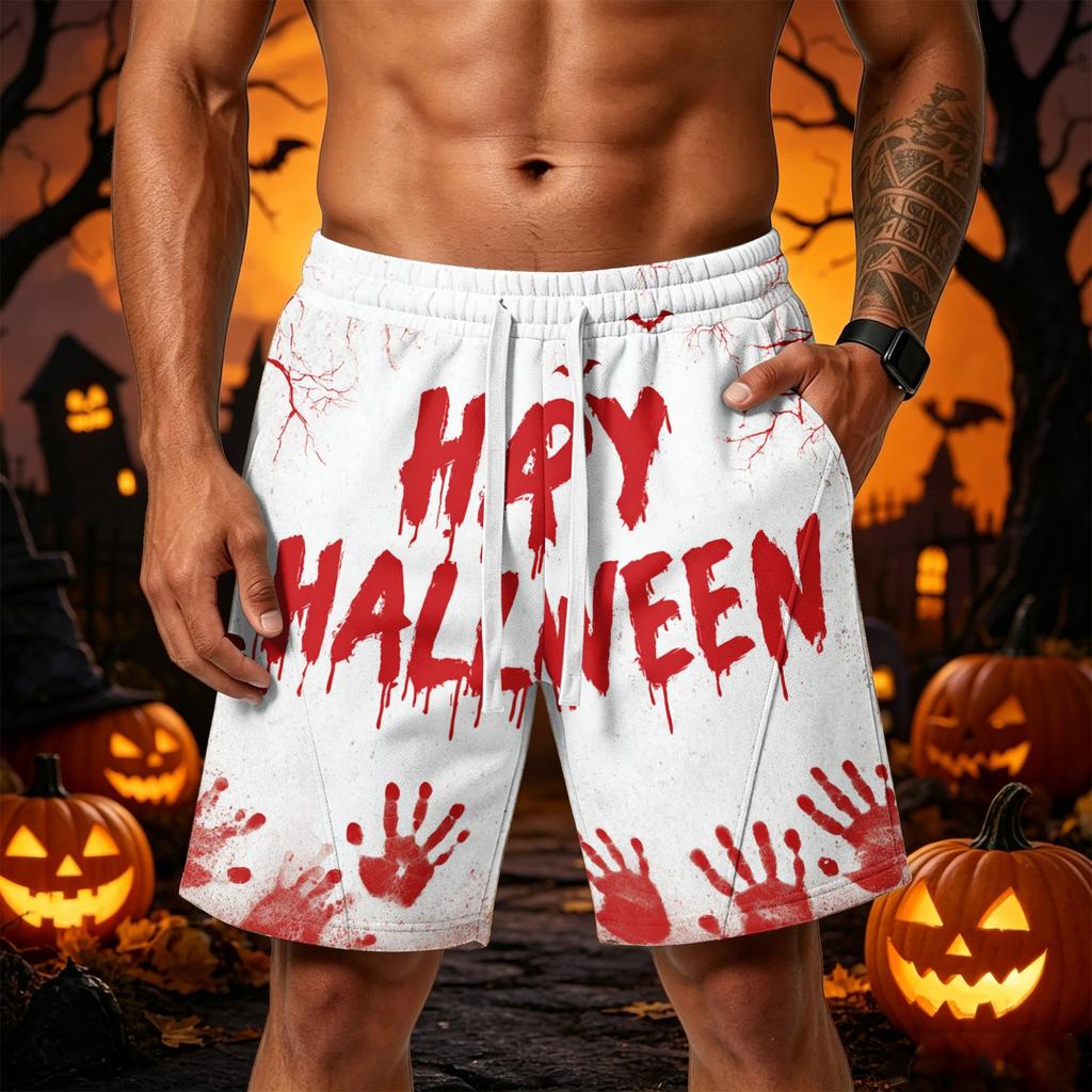 Men's Loose Fit Halloween Themed Athletic Shorts with Elastic Waistband and Multiple Pockets Casual Sportwear Bottoms for Outdoor Activities