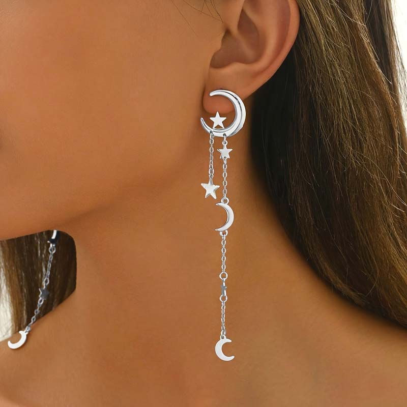 Vintage Metal Star Moon Tassel Pendant Earrings for Women Fashion Gold Color Asymmetric Personality Earrings Jewelry Gifts