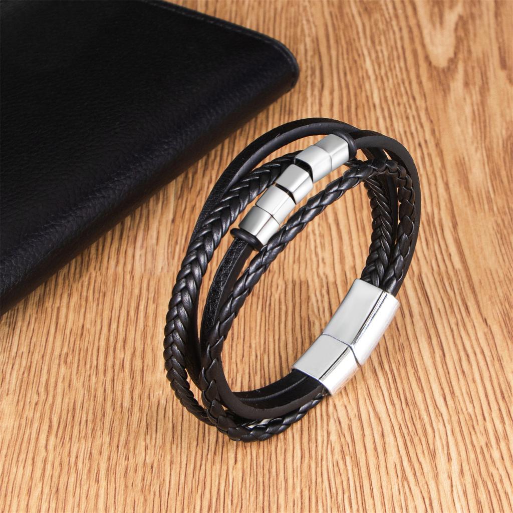 Men's PU Woven Bracelet Vintage Leather Cuff Alloy Magnetic Clasp Ethnic Style Wristband