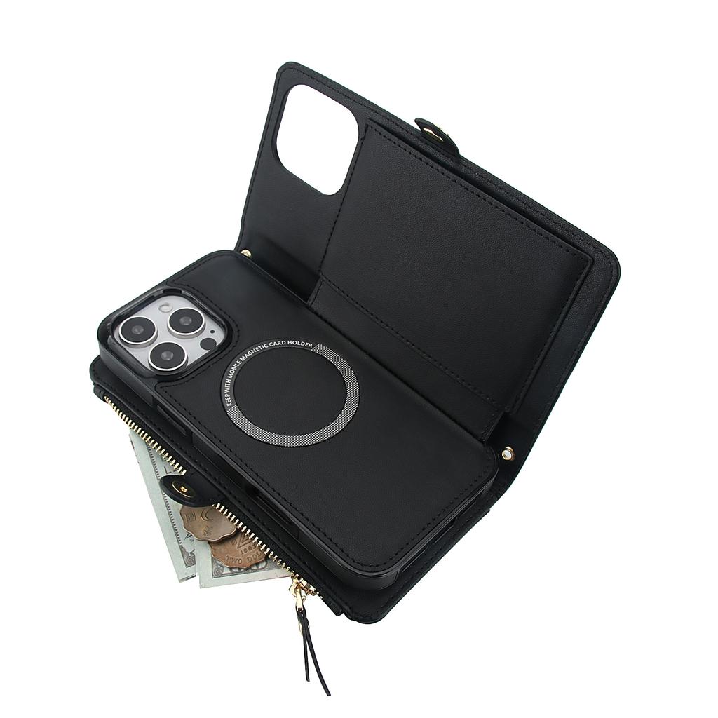 For iPhone 16 Pro Max Wallet Case Magnetic Detachable PU Leather Phone Cover with 2 Straps