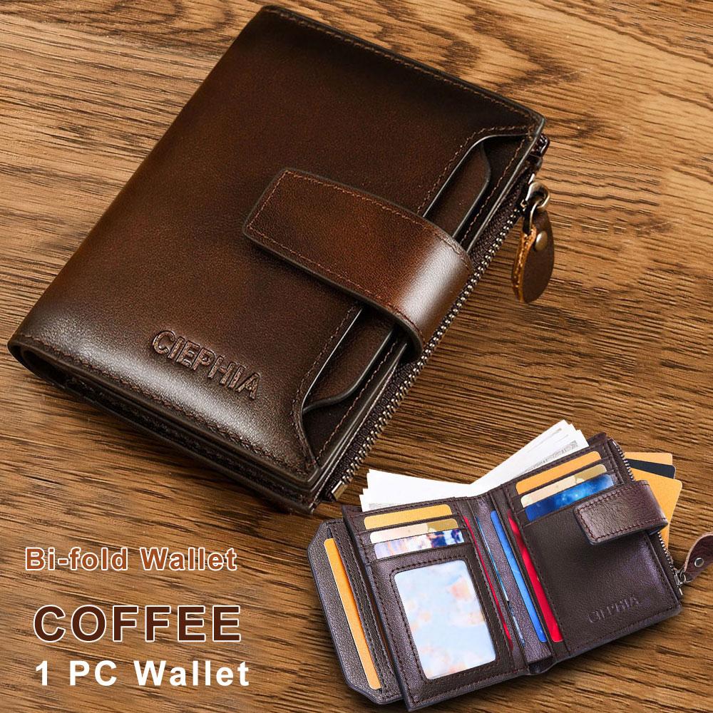Men's Genuine Leather Wallet Vintage Short Multi Function Card Slots RFID Blocking Protection Zipper Coin Pocket Money Bags