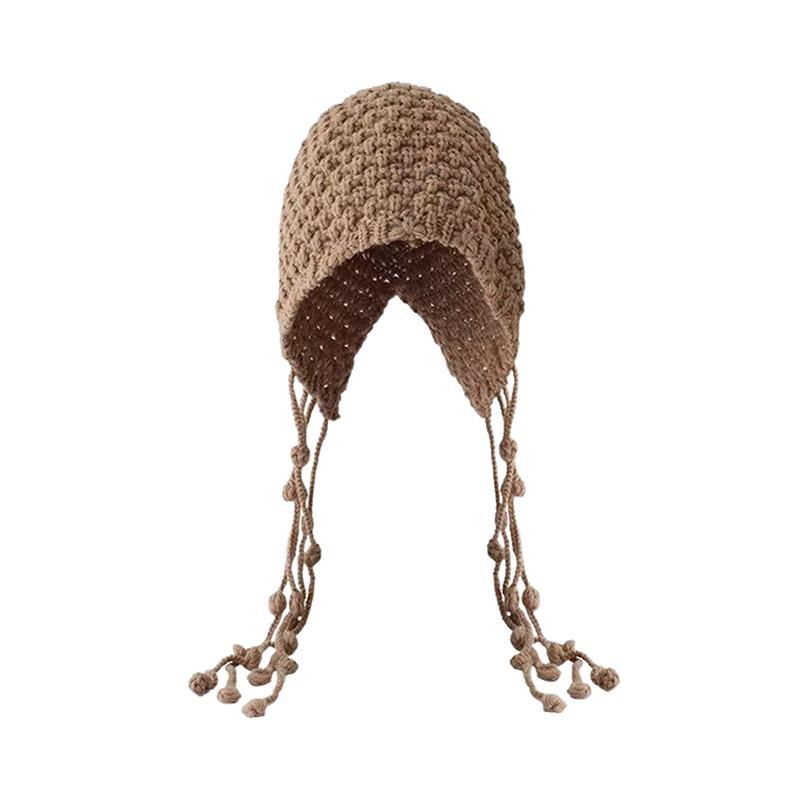 Sweet Handmade Autumn Winter Knitted Beanies Hat Wool Warm Ear Protection Hat Windproof Tassel Pullover Hat