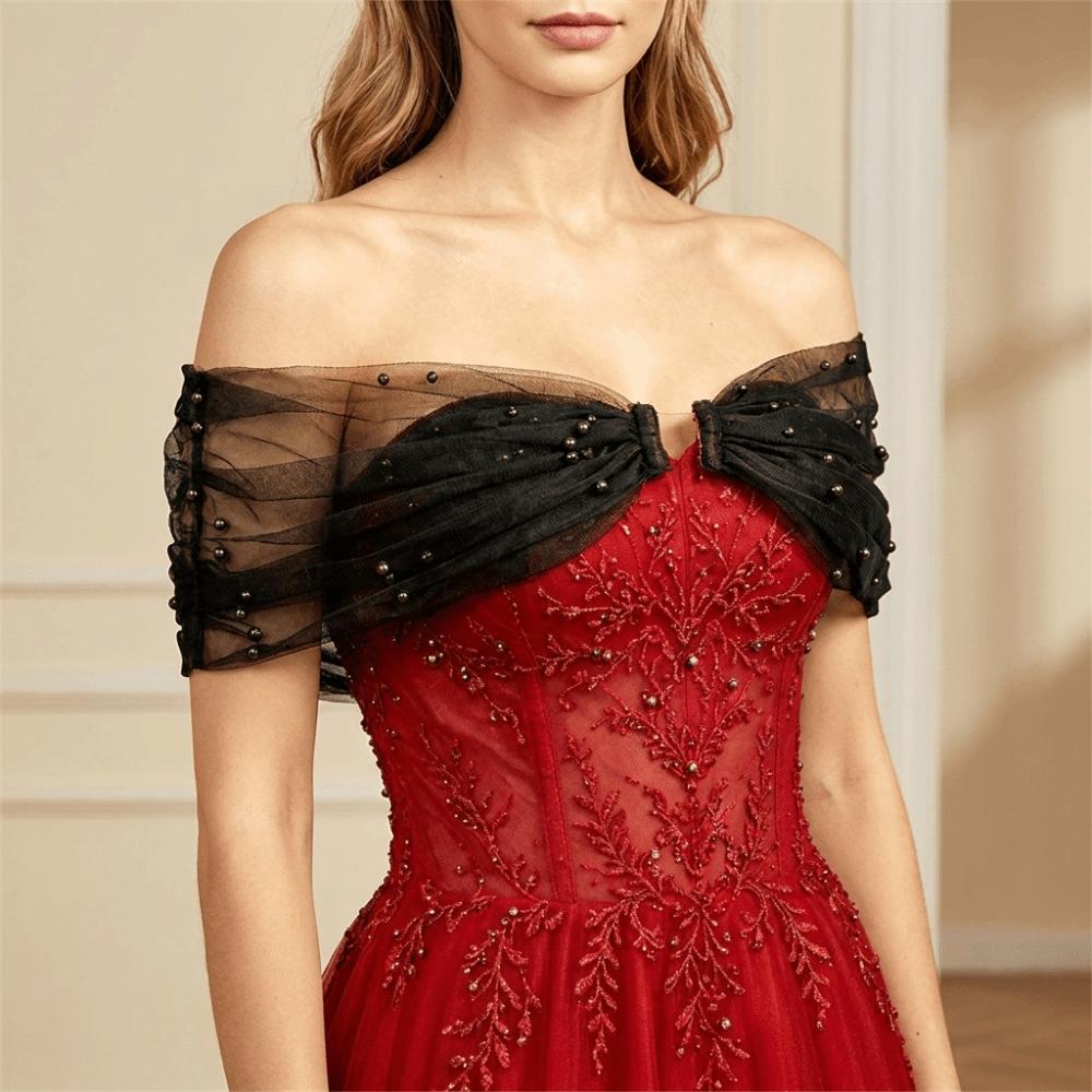 Solid Color Off Shoulder Sleeves With Pearls Detachable Shoulder Straps  Party