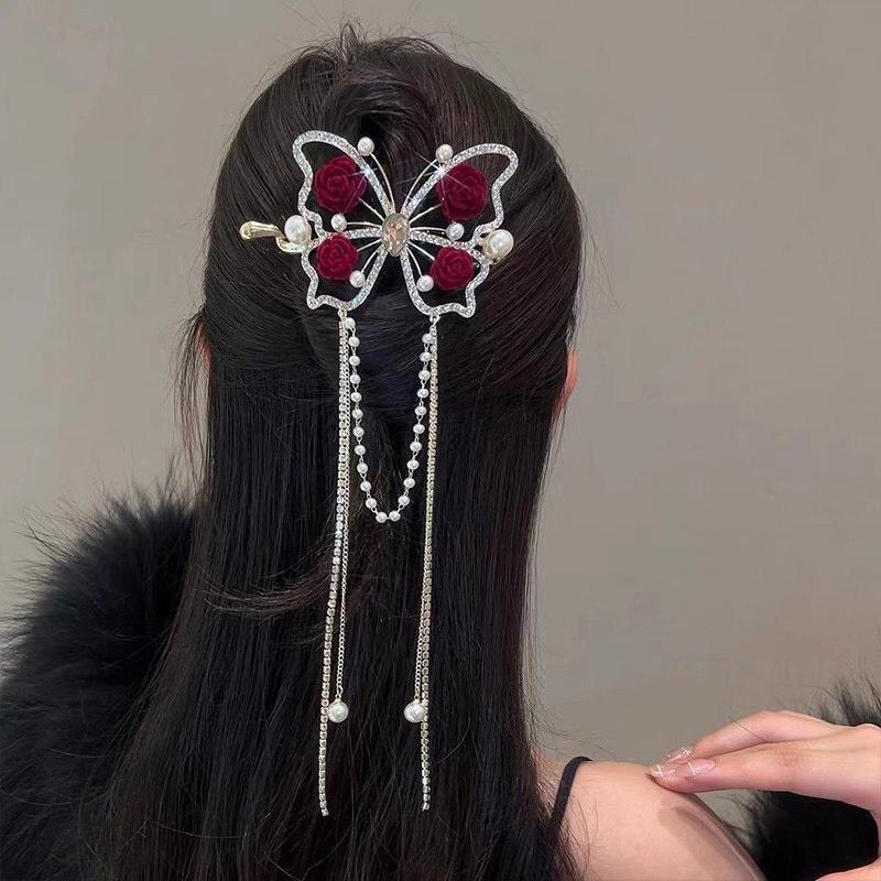 Rhinestone Butterfly Metal Hair Claw For Women Hairpins Vintage Crystal Pearl Pendant Hair Clips Female Hair Jewelry Accessories