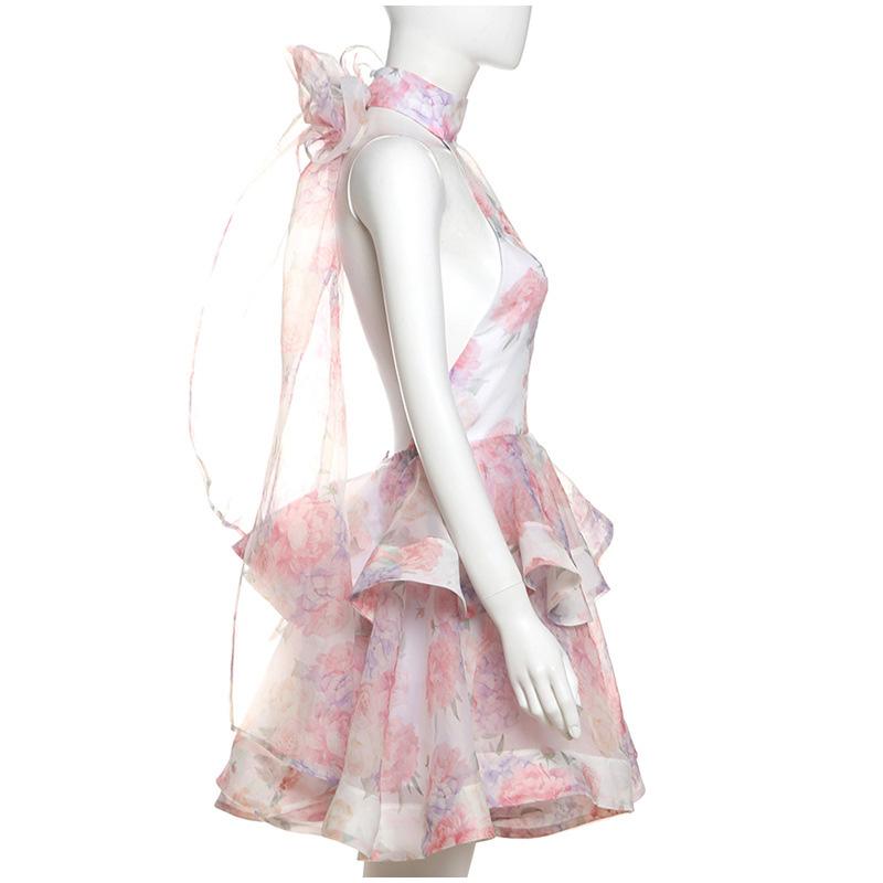 Abito Mini Dolce da Donna con Allacciatura Halter in Pizzo Sexy Senza Schiena Volant Impilati A-line Aderente Moda Femminile Abiti da Festa da Principessa