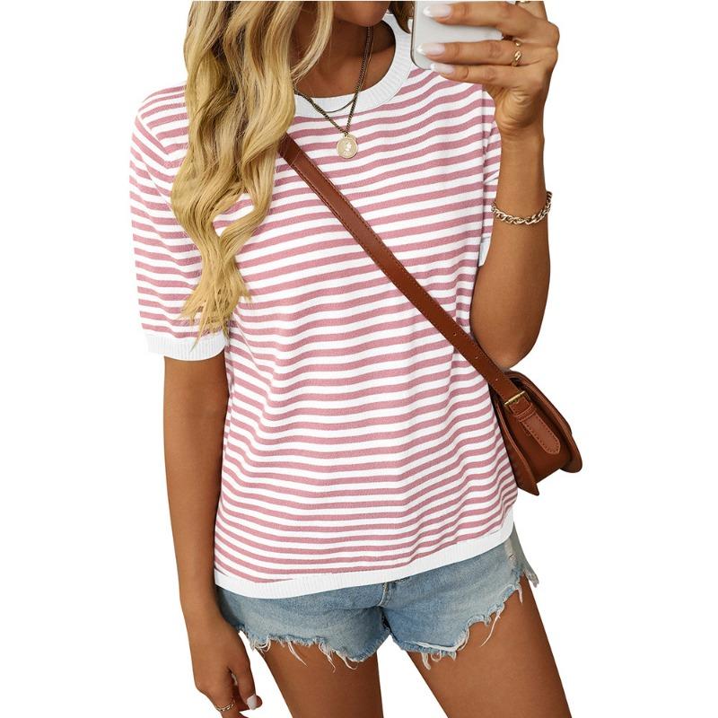 Dámský letní nový kulatý výstřih pruhovaný kolizní barvy krátký rukáv ležérní svetr