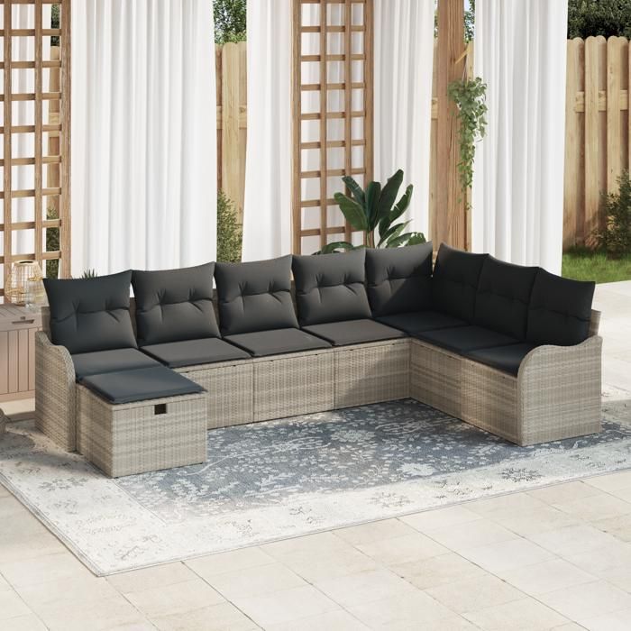 Ensemble de Canapé de Jardin 8 Pièces avec Coussins Gris Clair Poly Rattan, Canapé de Jardin 2 Places avec Coussins Gris 3359031