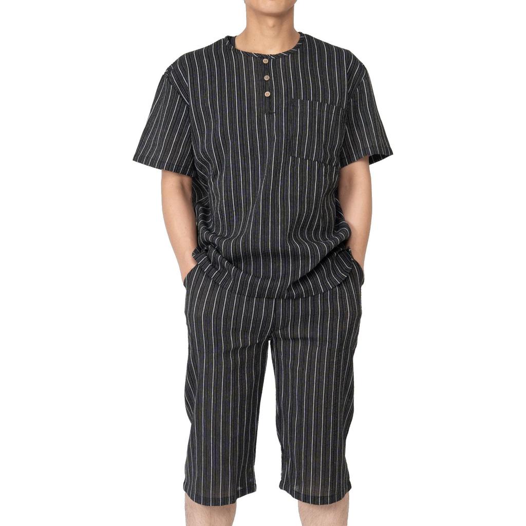 Morioru Shijira Weave Jinbei pro velikost Černé pruhy Délka Léto Pánské, 4L, [Henley tričko, 3/4 kalhoty, 100% bavlna, Pánské domácí oblečení, Dárek]