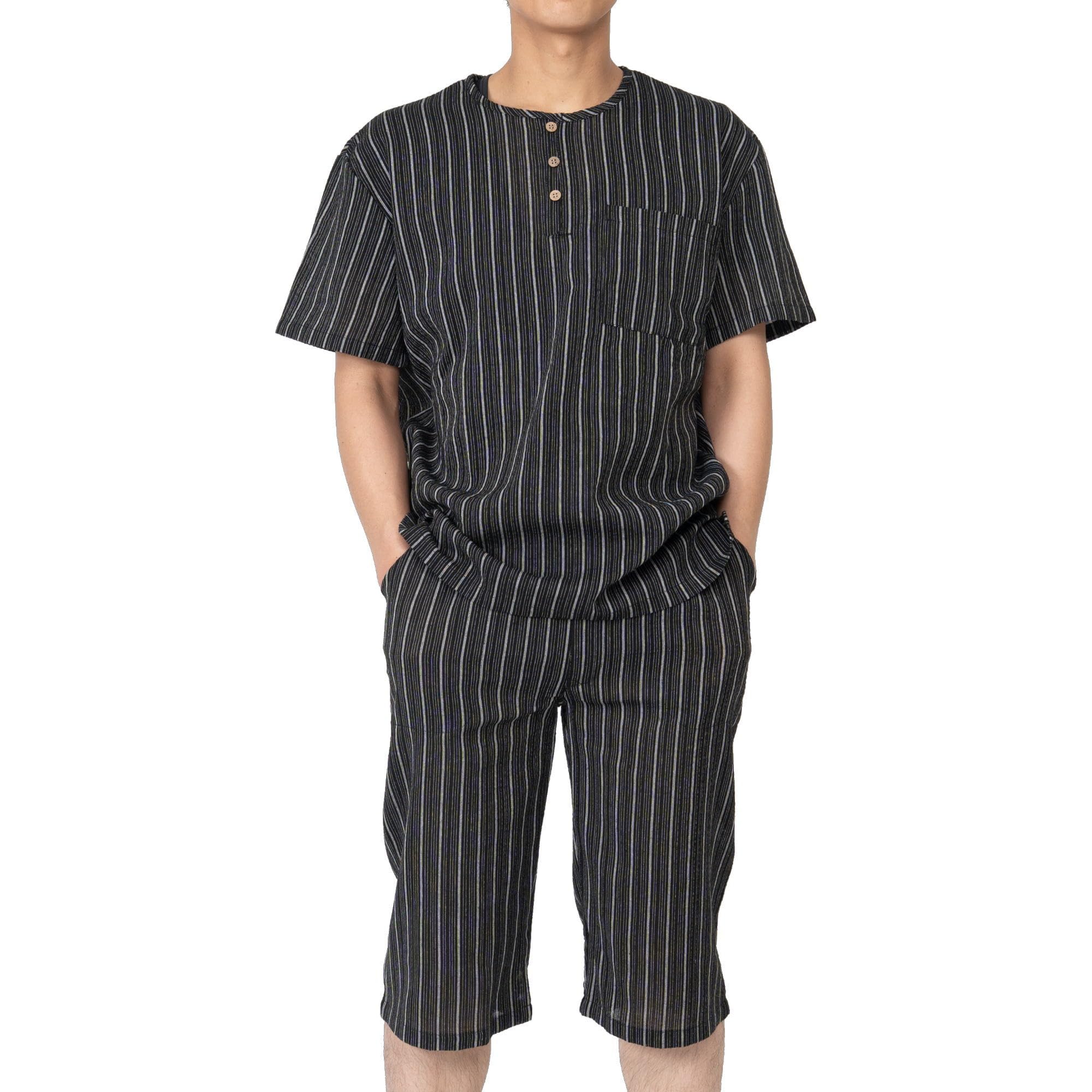 

Джинбей из ткани Мориору Шиджира для размера Черные полосы Длина Лето Мужской, 4L, [Рубашка Хенли, Брюки 3/4, 100% хлопок, Мужская домашняя одежда, Подарок]