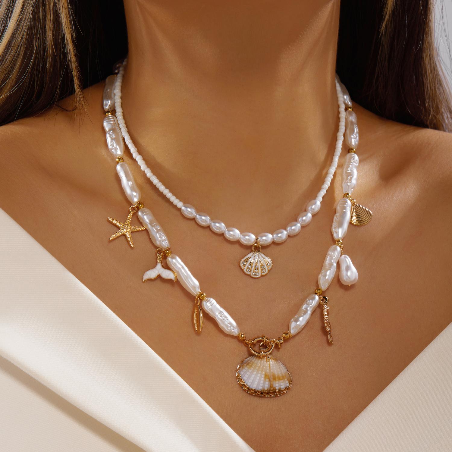 

2pcs Design Sense Imitation Pearl Beaded Chain Necklace for Women Ocean Multiple Pendants Shell Necklace Aesthetic Party Jewelry