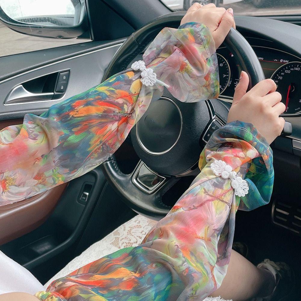 Anti-UV Printed Ice Silk Sleeves Flower Cycling Gloves Breathable Chiffon Sunscreen Sleeve  Summer