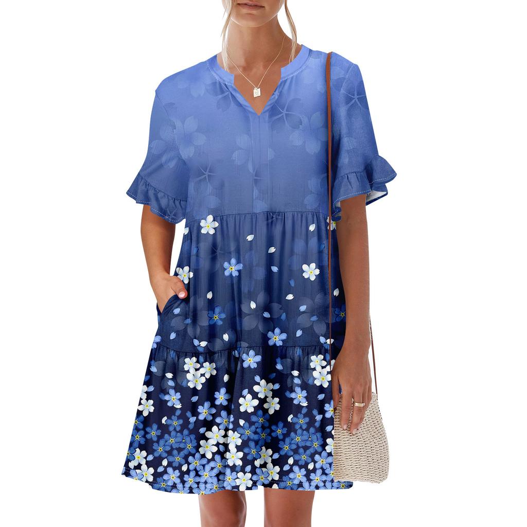 Womens Summer Dress Short Sleeve V Neck Short Dresses Fashion Casual Flowy Boho Ruffle A Line Swing Sundress With Pockets