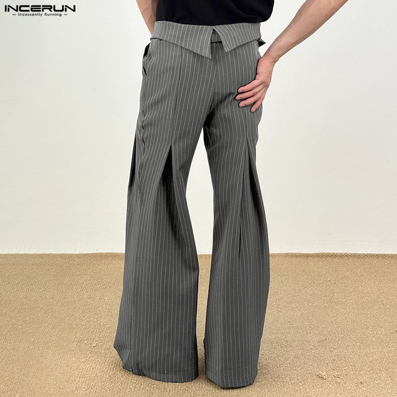 INCERUN Men Casual High Zipper Waist Embroidery Loose Long Wide Legs Pants Trousers