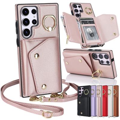 Ring Holder Crossbody Leather Wallet Case For Samsung Galaxy S23 Ultra S22 Plus S21 FE A14 A54 A53/iphone 14 13 12 11 Pro Max Card Solt Lanyard Cover