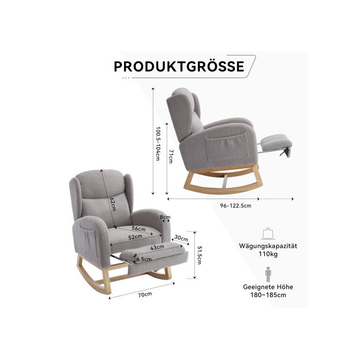 Fauteuil À Structure En Bois Avec Repose-pieds Réglable Et Dossier Haut, Fauteuil Décoratif Pour Chambre À Coucher Et Salon, Gris