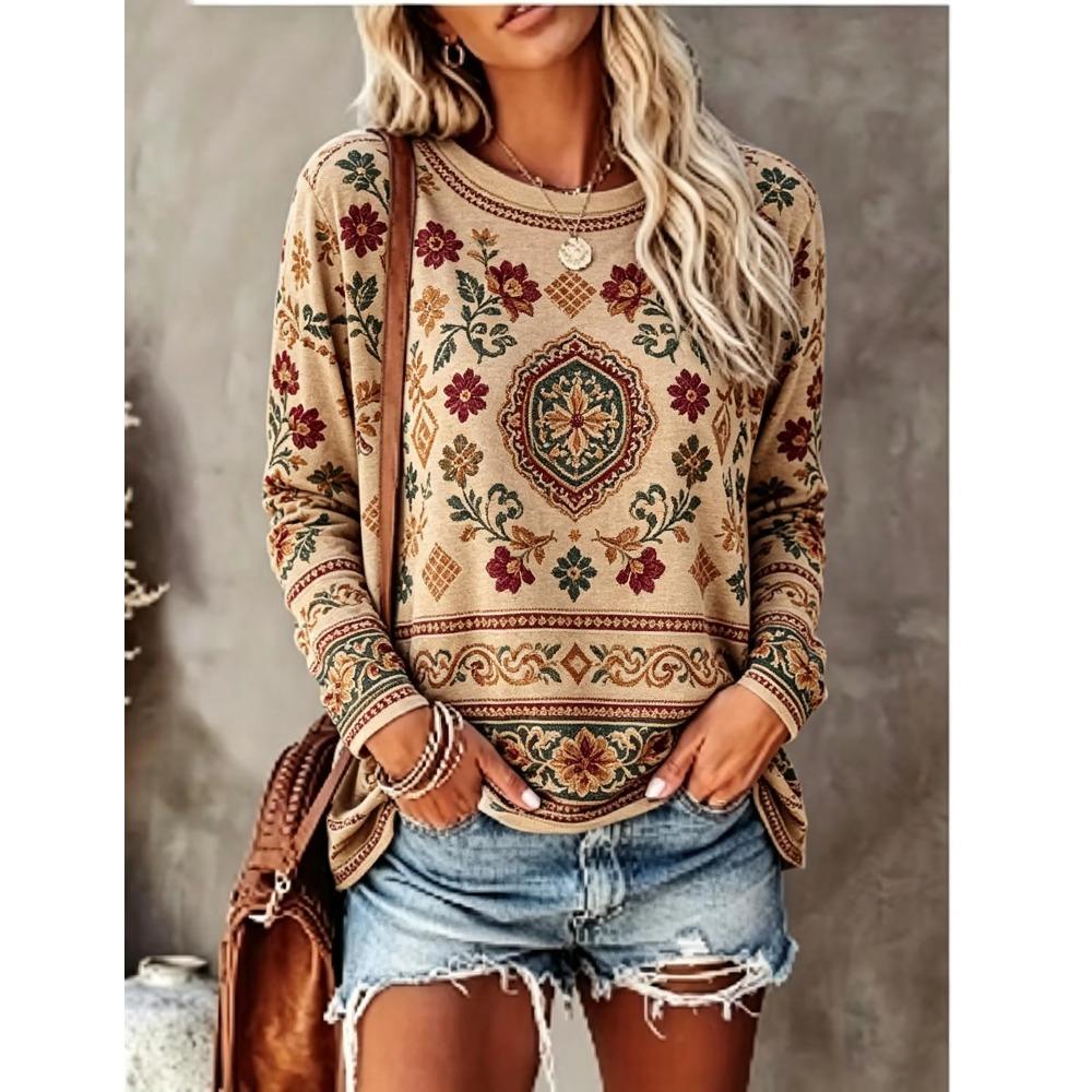 Women Crew Neck Long Sleeve T‑Shirt, Boho Mandala Ethnic Floral Print Casual Loose Pullover Tops