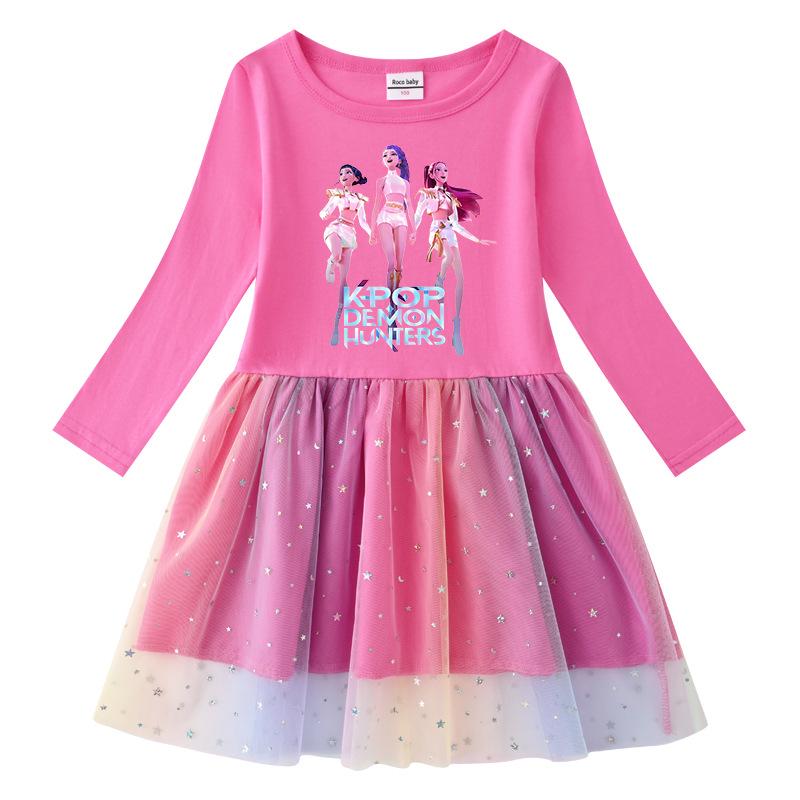 Vestito Corto a Maniche Corte Kpop Demon Slayer con Paillettes Arcobaleno e Rete – Primavera, Estate, Autunno