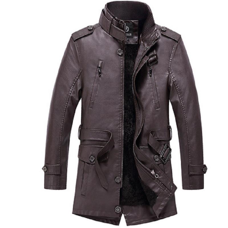 Autumn and winter men's new British medium and long leather jacket velvet men's clothing large size casual men's leather jacket