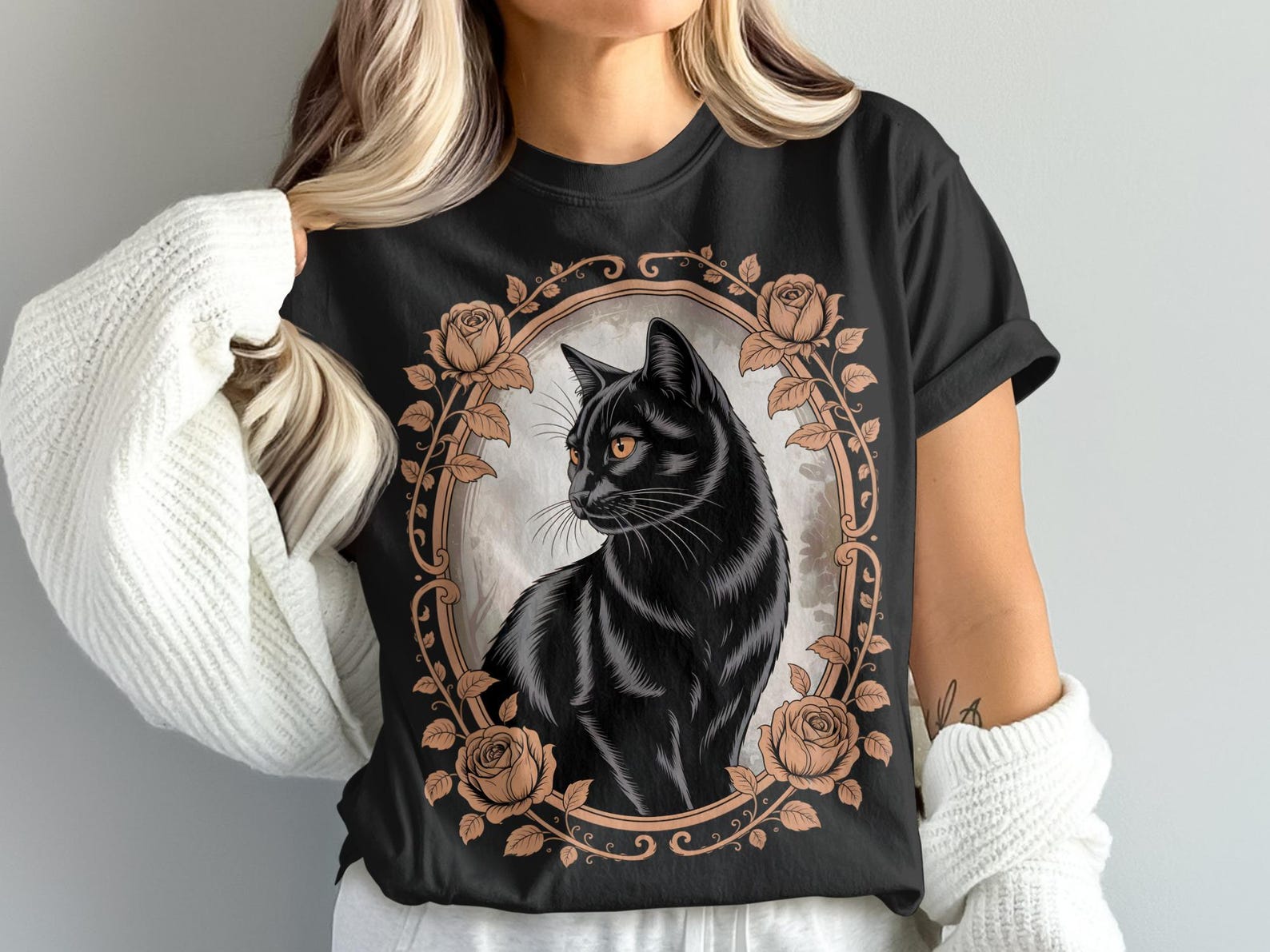 Black Cat Rose T-Shirt, Gothic Cat Tee, Floral Cat Shirt, Elegant Feline Design, Cat Lover Gift, Witchy T-Shirt, Artistic Black Cat Shirt M