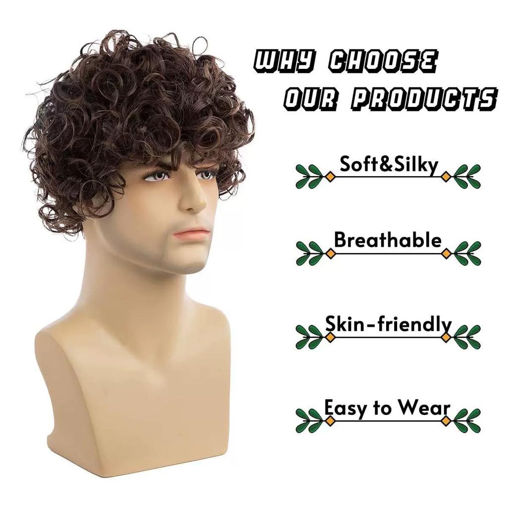 Men's Short Curly Wig, Brown Synthetic Hairpiece for Daily & Party