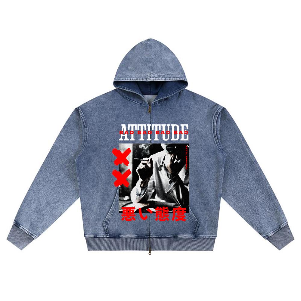 DTG Print Knitted Denim Zip-Up Hoodie Japan Samurai Brother Print Zipper Hoodies  