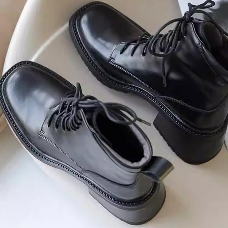 6 heightening cm fried street black Martin boots women's 2025 new autumn and winter British style soft leather square head high-heeled short boots