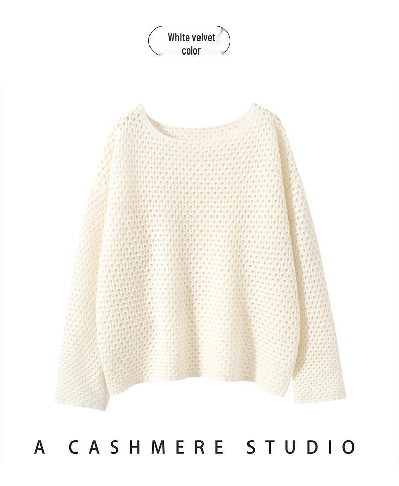Solid Color Cashmere Hollowed-Out Retro Round Neck Long Sleeve Sweater - Autumn Winter Versatile Loose Knitwear